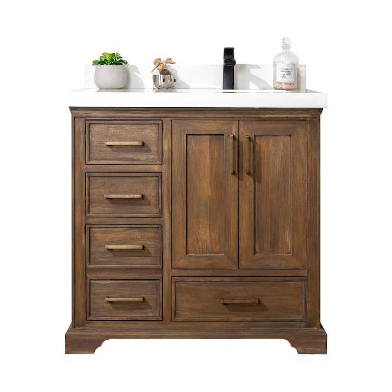 Willow Collections 36 in. W x 22 in. D Charlotte Teak Right Offset Sink Bathroom Solid Teak Vanity with Countertop - 2" Carrara Quartz - Grey