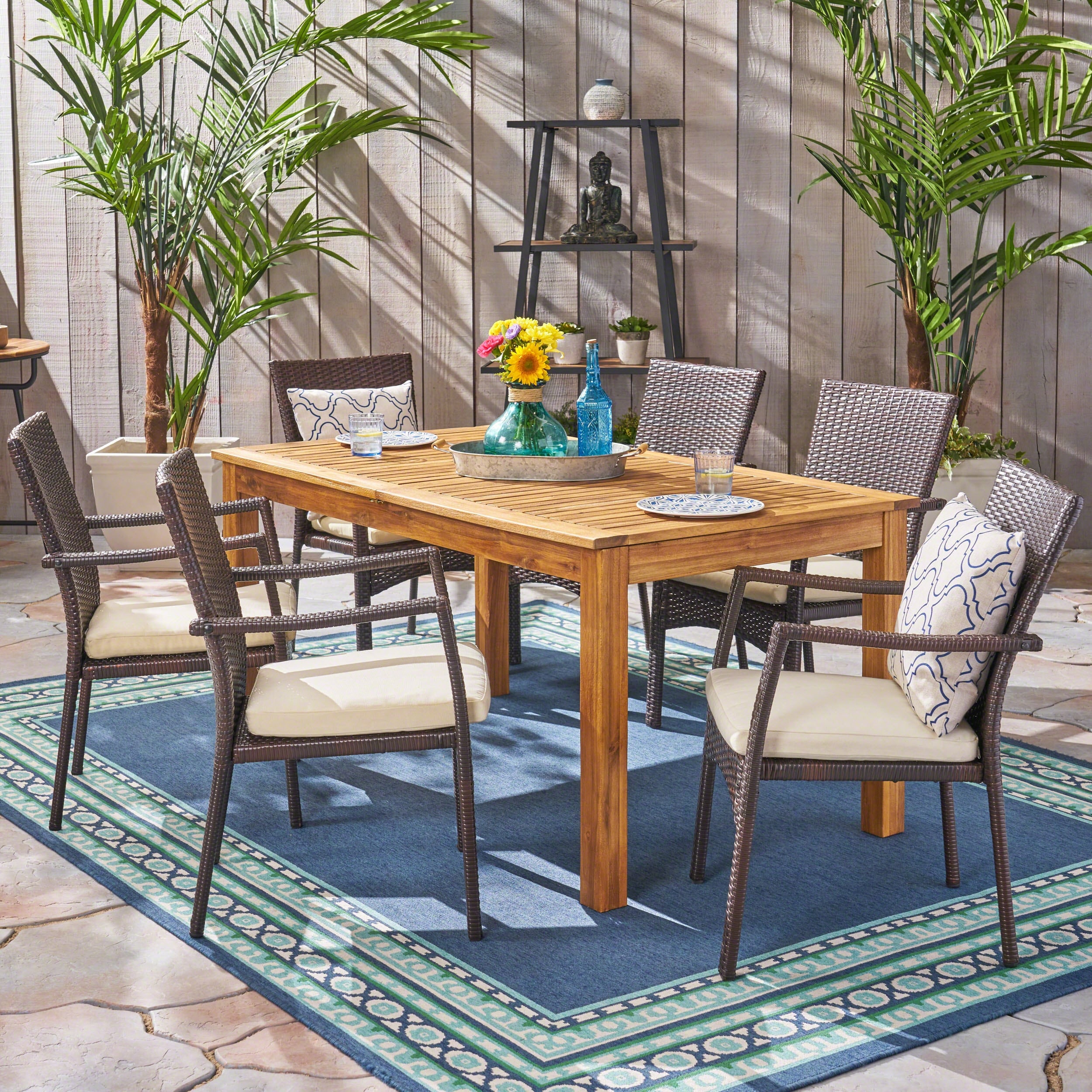 Davenport Outdoor 7 Piece Wood and Wicker Expandable Dining Set by