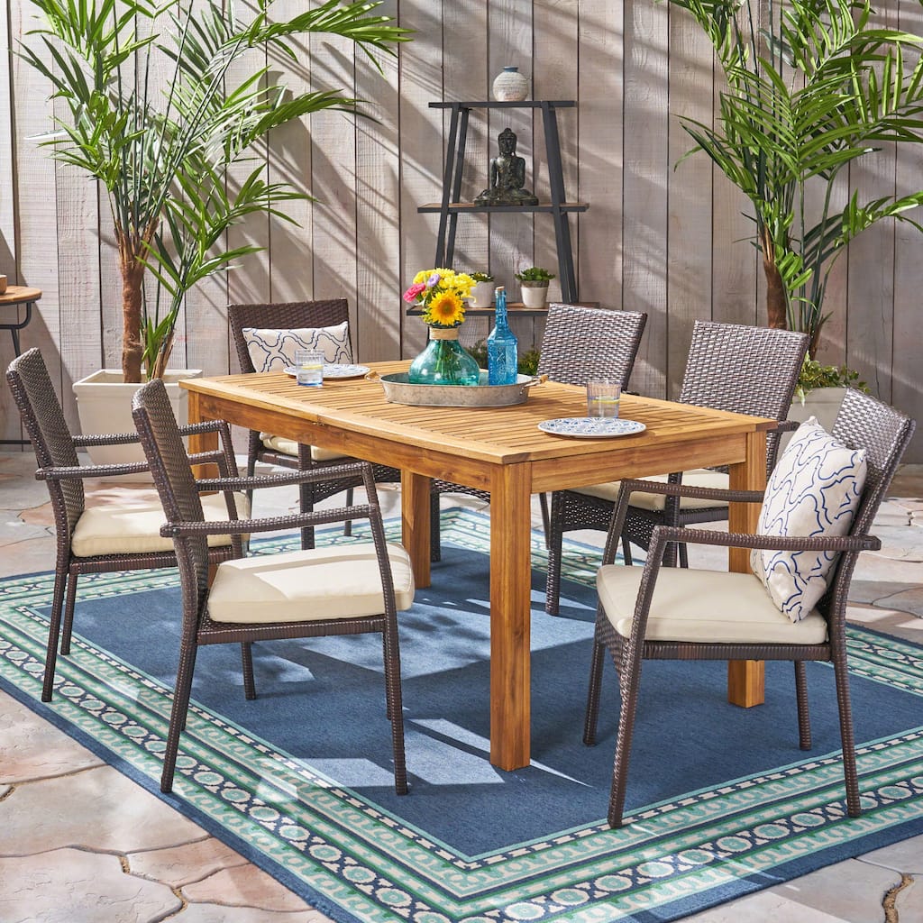 Davenport Outdoor 7 Piece Wood and Wicker Expandable Dining Set by Christopher Knight Home