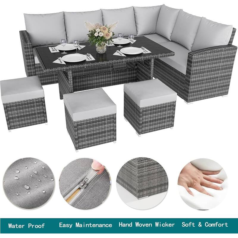 7-Piece Outdoor Patio Sectional Sofa Set with Dining Table – All-Weather PE Wicker Conversation Set