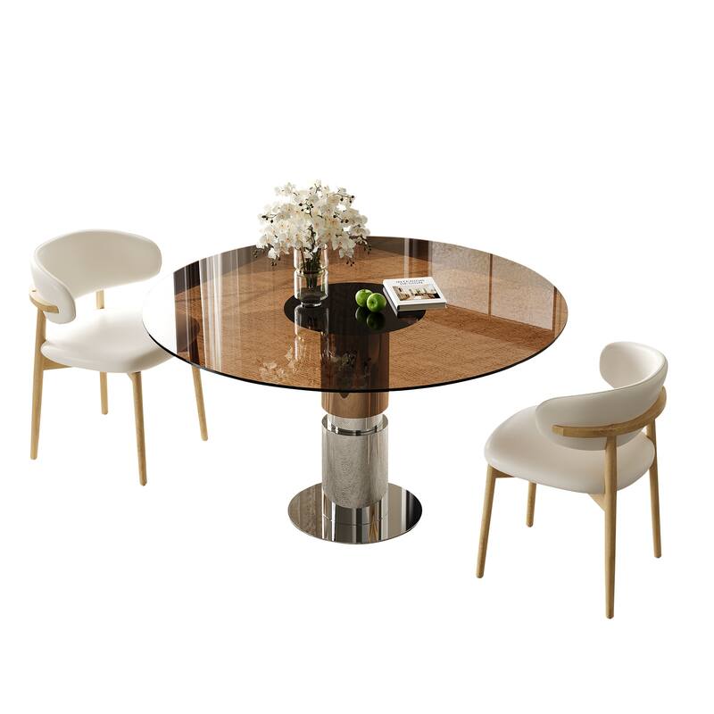 3 Piece Round Dining Table Set Tempered Glass Top Stainless Steel Base 4 Chairs