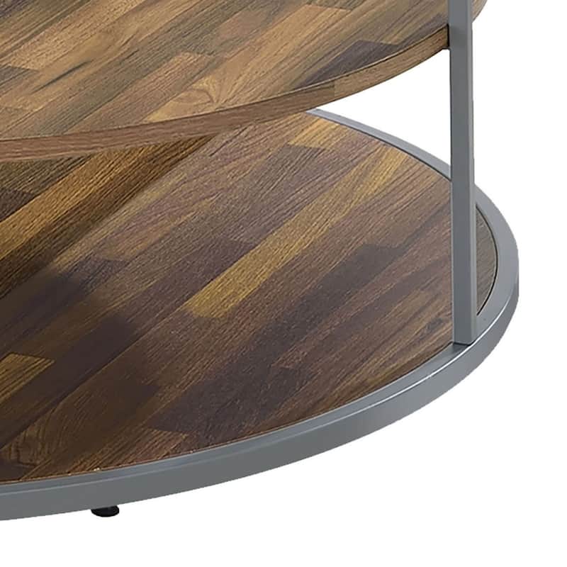 Lenn 35 Inch 3 Tier Round Brown Coffee Table, Half Shelf Design, Gray Frame