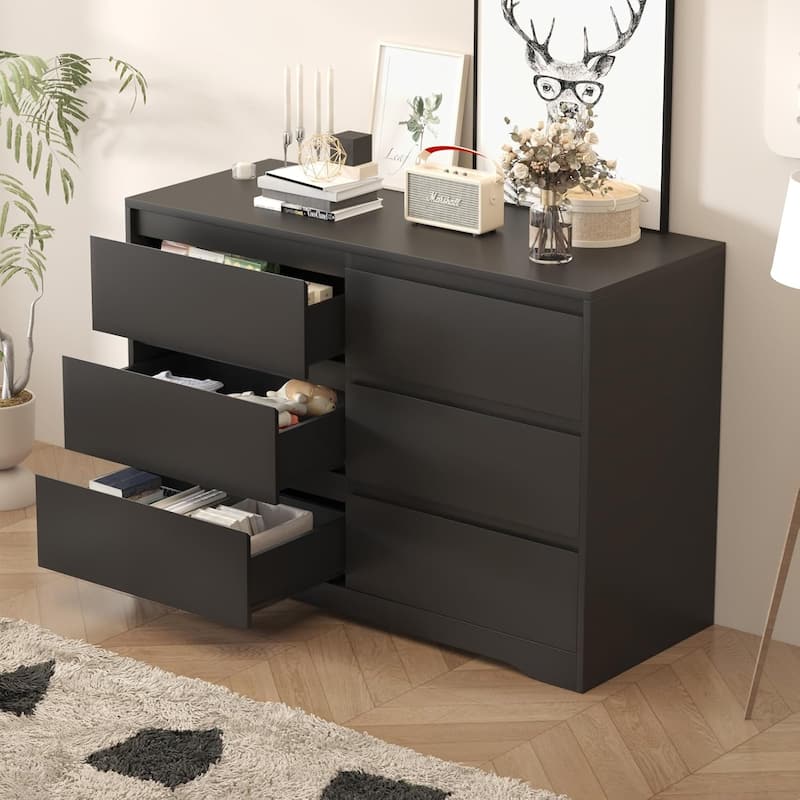 47.2'' W 6-Drawer Wooden Bedroom Double Dresser Chest of Drawers - Black