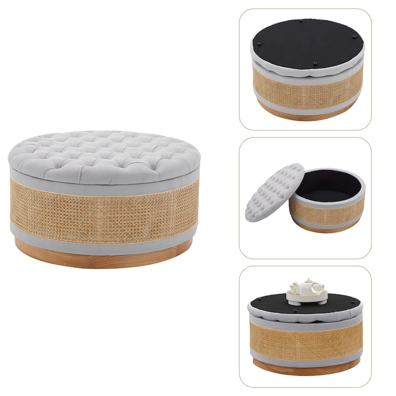 Linen & Rattan Round Storage Ottoman, Button-tufted Upholstery