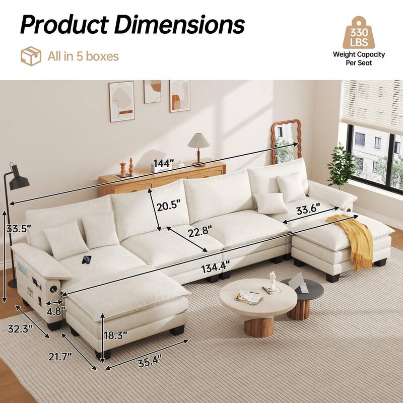 144" Modular Compression Sofa Set Convertible Sectional Sleeper Couch with 2 Ottomans