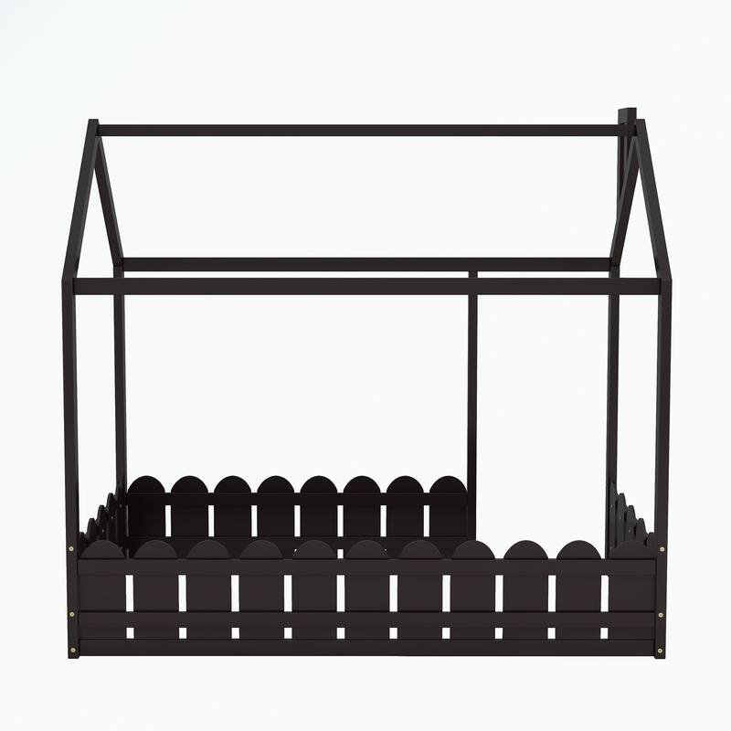 Twin Size Wood Bed House Bed Frame with Fence