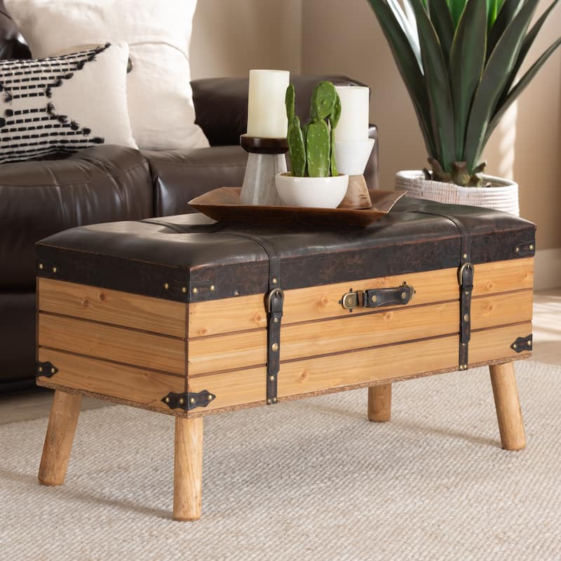 Amena Dark Brown PU Leather and Oak Wood Large Storage Ottoman