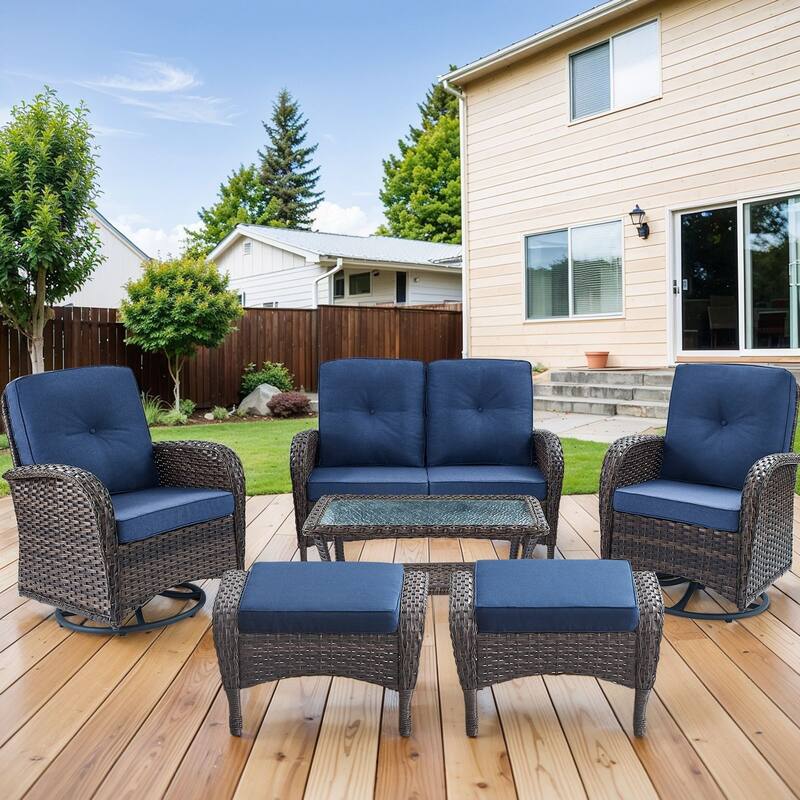 Outdoor Sofa Ottomans with Swivel Chairs -Blue - Brown - Brown - Blue