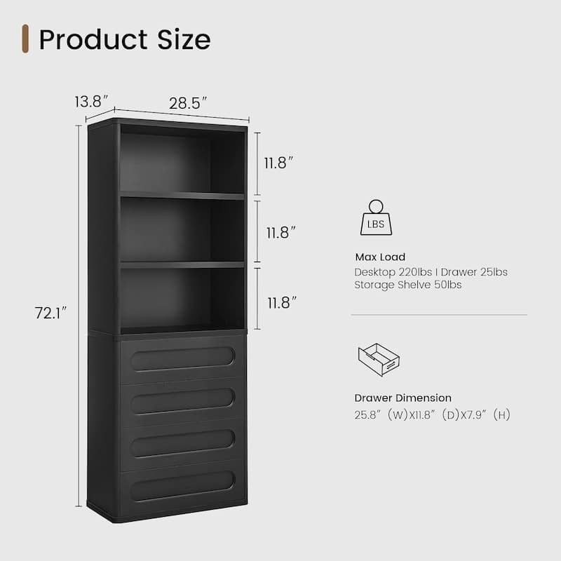 Bookcase with 4 Drawers 72.1" Tall Bookshelf with 3 Storage Shelves