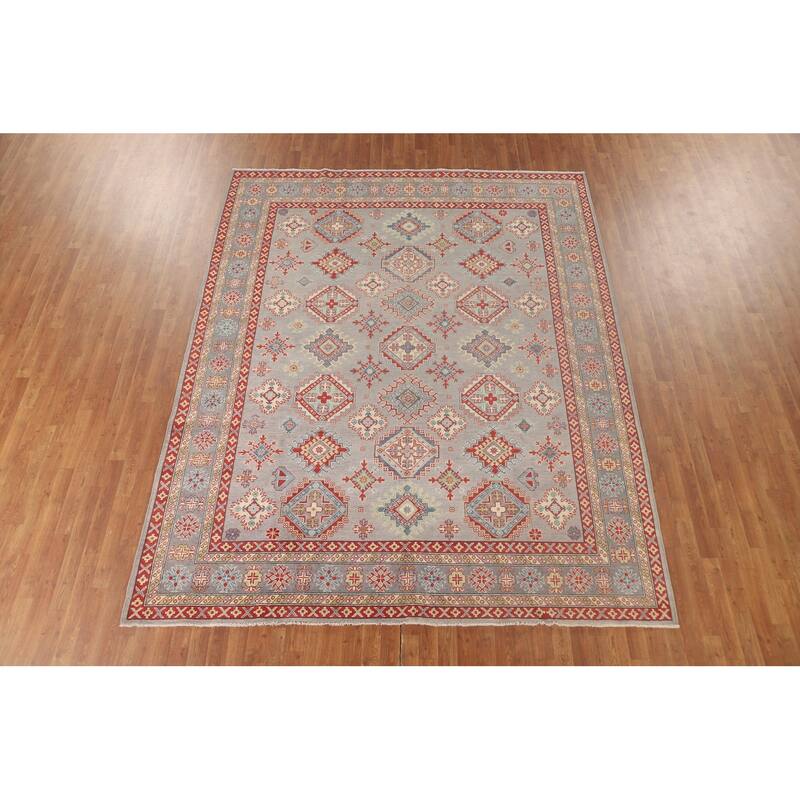 Geometric Kazak Oriental Area Rug Handmade Grey Wool Carpet - 8'2" x 10'0"