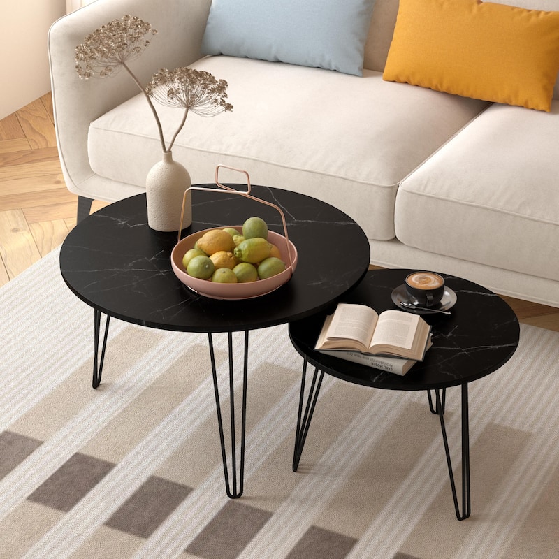 Anmytek Set of 2 Nesting Round Coffee Tables with Marble Effect Top & Hairpin Legs, Black Industrial Modern Side Tables