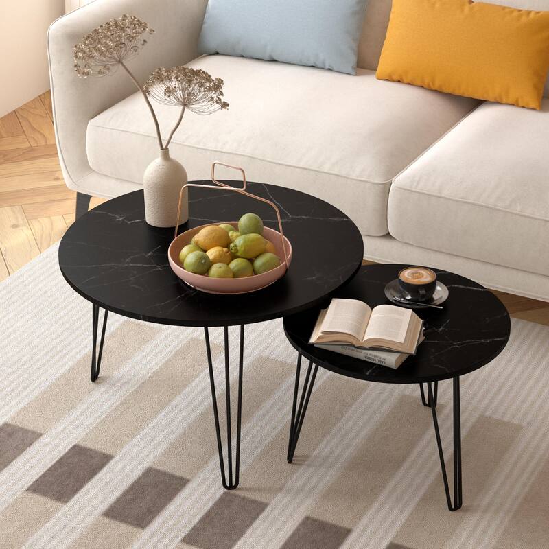 Round Nesting Table Black End Table Sofa Side Table Set of 2