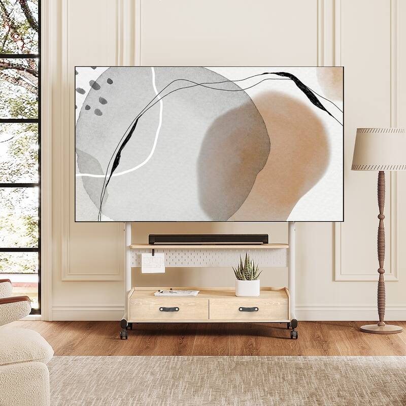 FITUEYES Mobile TV Stand for 70-100 inch Large TVs, Height Adjustable and Multi-functional with Wooden Large Drawer Storage - White