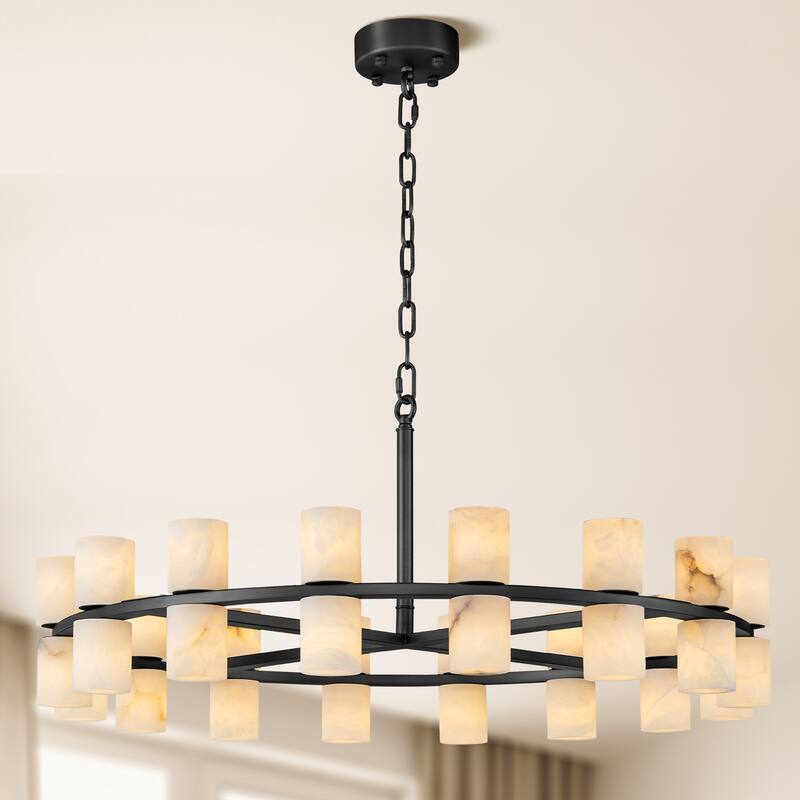 Modern Alabaster Glass Chandelier, Round or Linear Pendant Light with Up & Down Shades, D600-L1370, Copper or Black Finish - 32in - Black