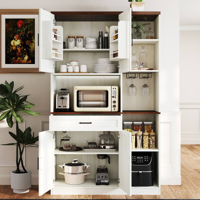 71" Kitchen Pantry Sideboard with Cabinet & Drawer, Multifunctional Buffet with Hutch, Microwave Stand & Charging Station