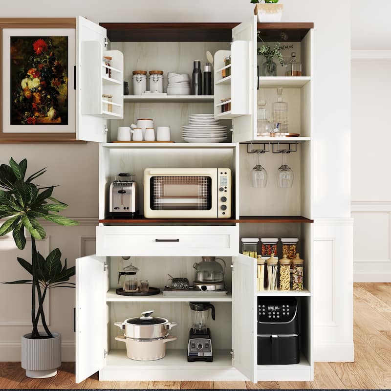 71'' Farmhouse Kitchen Pantry Sideboard with Cabinet and Drawer, Multifunctional Kitchen Buffet with Hutch and Glass Holder