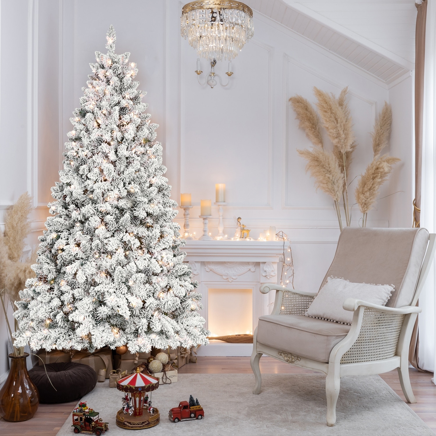 Pre-Lit Flocked Christmas Tree - UL Lights, Pine Cones, Snowy PVC Tips, Hinged Structure, Metal Stand - Green,White