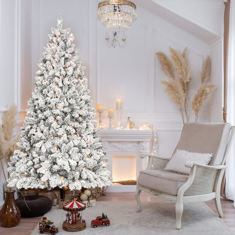Pre-Lit Snow Flocked Tree - UL Lights, Pine Cones, Snowy PVC Tips, Hinged Structure - Green,White