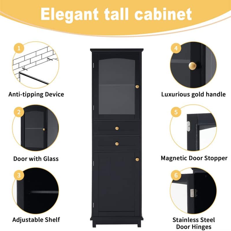Freestanding Bathroom Cabinet with Glass Door and 2 Storage Drawers, Tall Storage Cabinet Floor Cabinet with Adjustable Shelves