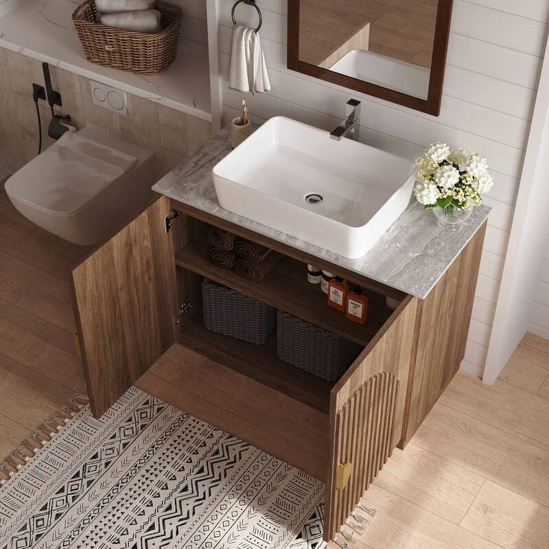 36" Mid - Century Modern Bathroom Vanity With Single Sink Grille Door & Gold Accents