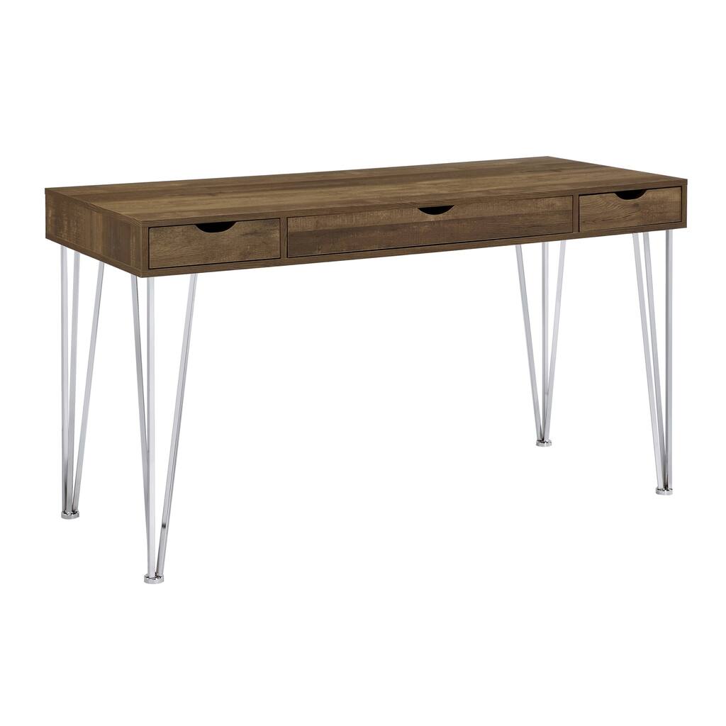 3-Drawer Wood Writing Desk with Metal Legs in Brown Oak and Chrome