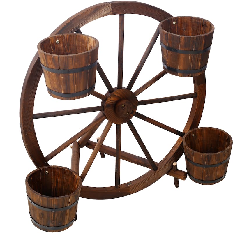 Wood wagon wheel barrel planter, Wagon Wheel Barrel Planter Display