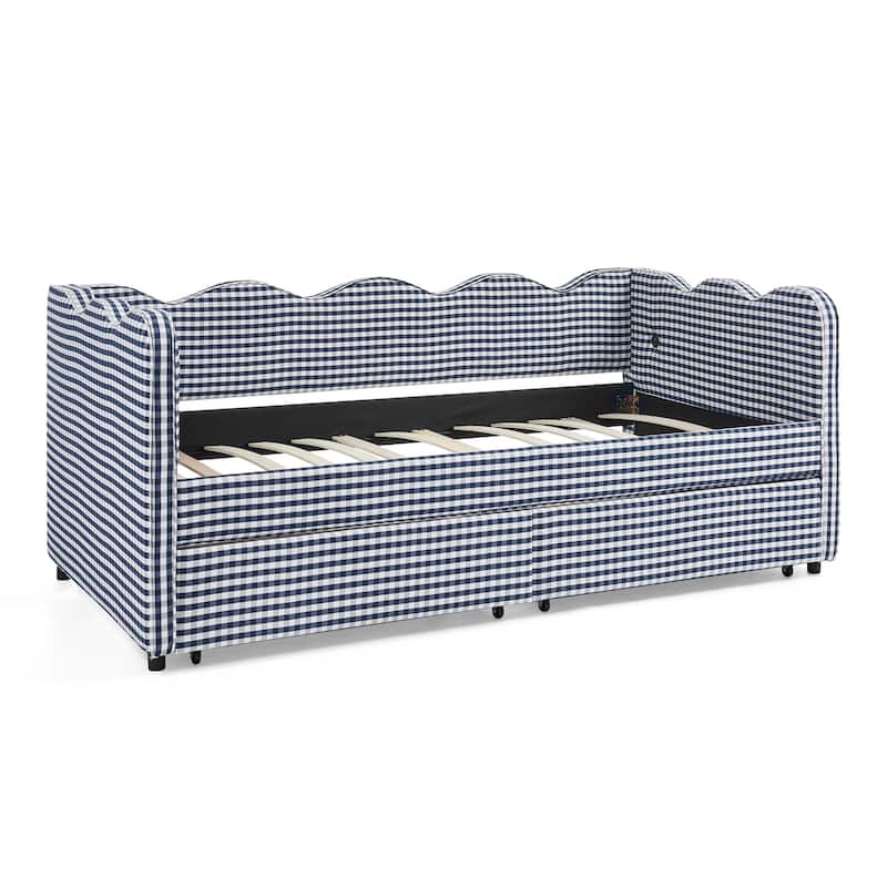 Twin Size Gingham Linen Upholstered Daybed with 2 Storage Drawers, USB Charging Station & Waved Arms