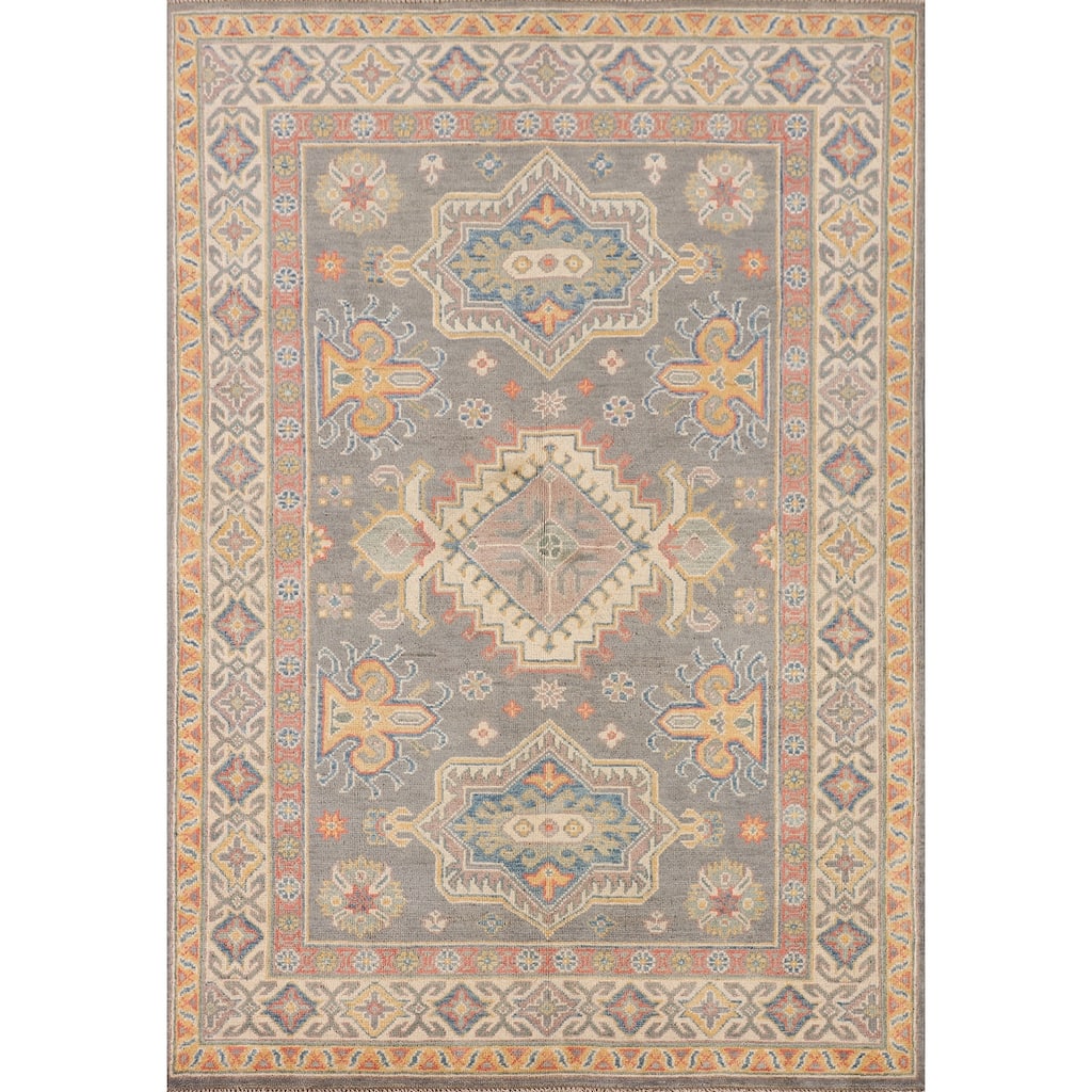 Gray Kazak Oriental Area Rug Hand-Knotted Traditional Wool Carpet - 4'1" x 6'0"
