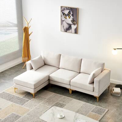 Beige 92'' Fabric L-Shape 3-Seat Modern Sofa Couch with Ottoman, Gold Metal Legs and Toss Pillows