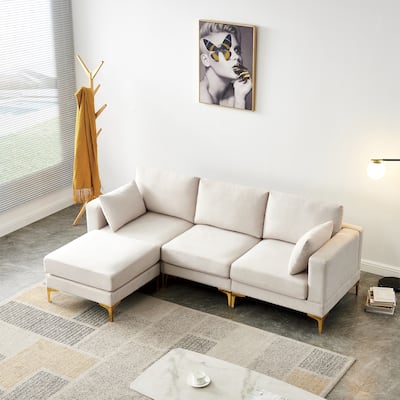 Beige 92'' Fabric L-Shape 3-Seater Sofa with Ottoman, Gold Metal Legs, and Toss Pillows