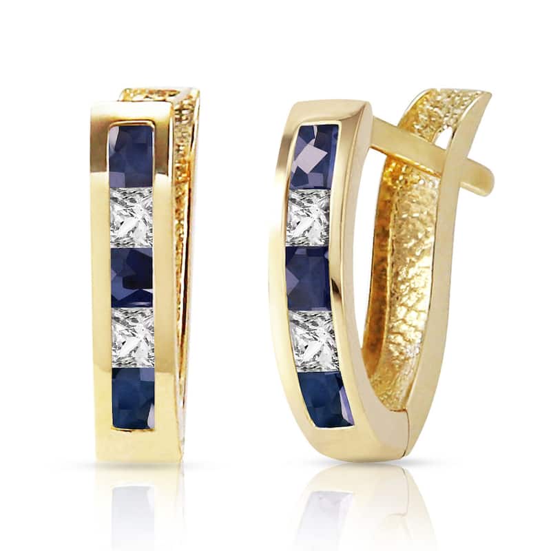 1.26 Carat 14K Solid Gold Sapphire White Topaz Hoop Earrings - Yellow