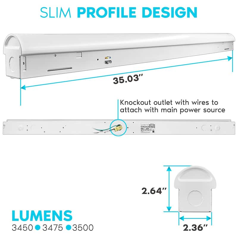 Luxrite 3FT Slim LED Shop Light, 25W, 3450 Lumens, 3 Color Selectable 3500K-5000K, 0-10V Dimmable, Damp Rated UL Listed