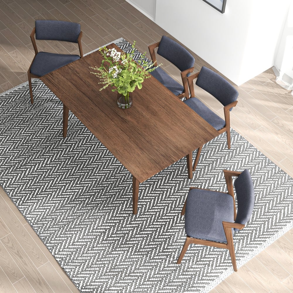 Rufly Mid-Century Style 5 Piece Solid Wood Walnut Brown Dining Set in Dark Grey