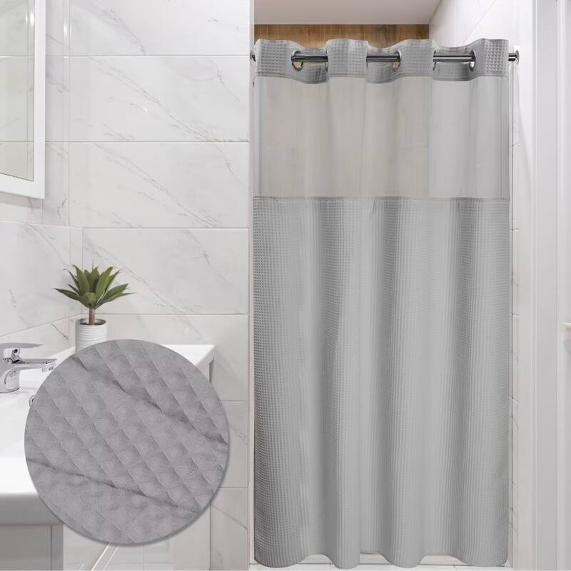 Cotton Blend Honeycomb Waffle Weave Shower Curtain with Snap-in Liner