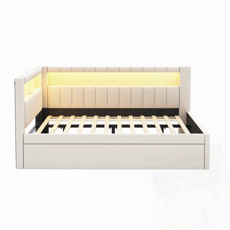 Upholstered Platform Bed with USB Ports and LED Belt With Trundle