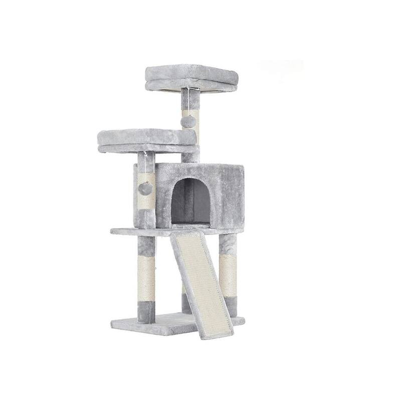 Faux Fur Multi-Level 45.3-Inch Cat Condo with Sisal Scratching Post and Cozy Perches - Light Grey