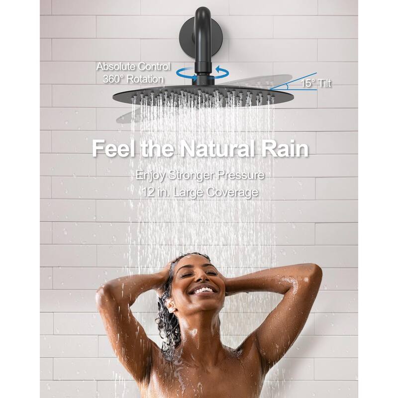GRANDJOY Shower Faucet System 12" Wall Mount Rainfall Shower Head Body Jets Handheld Spray with Hose Thermostatic