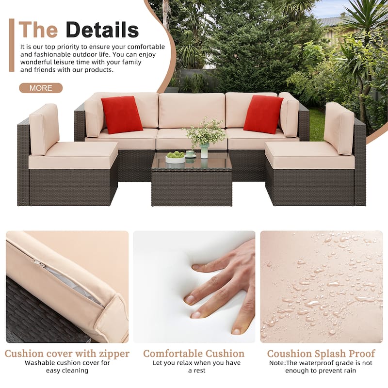 7 Piece Sectional Seating Group with Cushions and Fire Pit