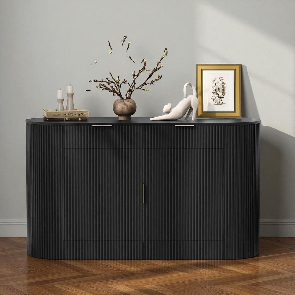 Modern 55.1" Storage Cabinet with Curved Doors, 2 Drawers & Side Shelves, Stripe MDF Buffet Console Table