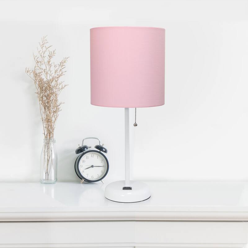 19.5 in. White Finish Table Lamp with Pink Shade, Durable Stick Lamp for End/Side Tables