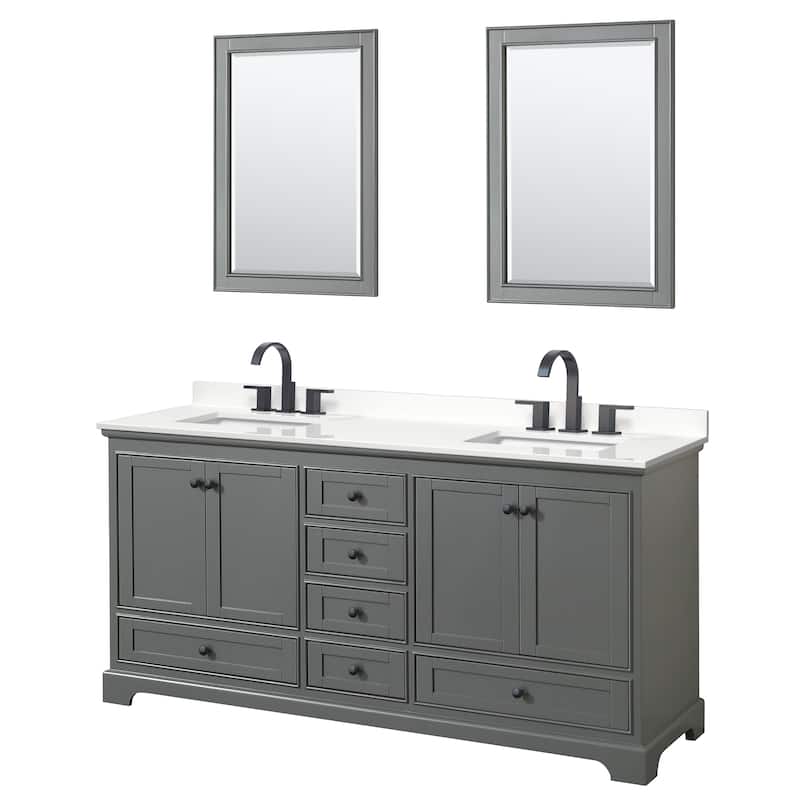 Deborah 72-inch Double Vanity, Quartz Top, 24-inch Mirrors - Dark Gray, Black Trim, White Quartz Top