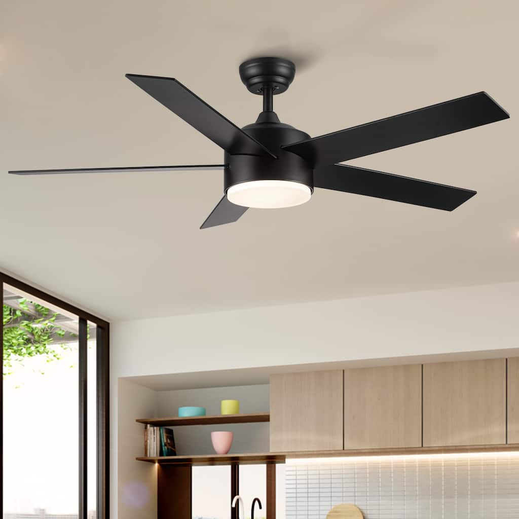 52 in.Outdoor Integrated Light Kit Glam Matte Black Ceiling Fan with 5 Revesible Plywood Blades, Remote Control - 52 INCHES