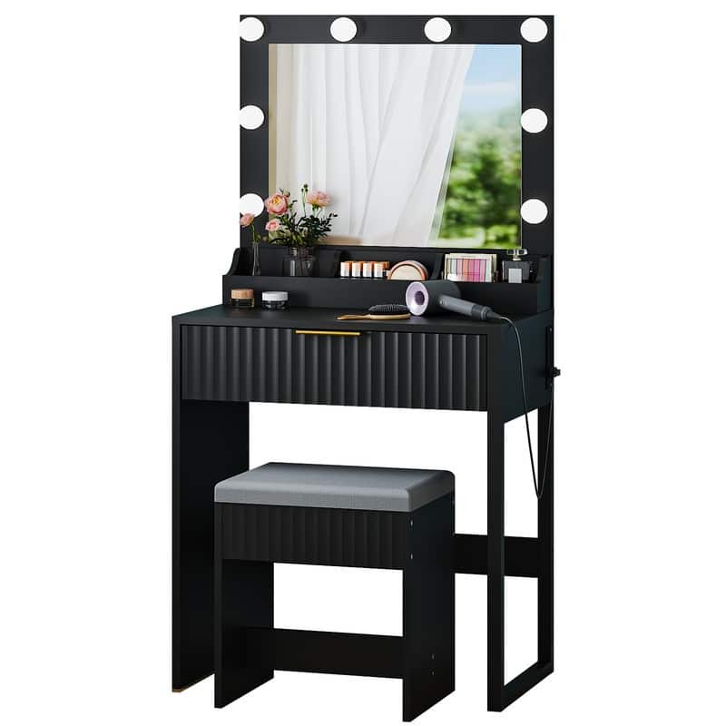 Particle Board Veneered with Textured Melamine, 1-drawer 3-compartment Dressing Table Set with 8 Three-color Dimmable Bulbs