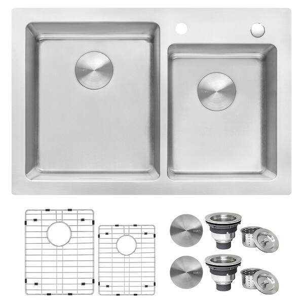 slide 2 of 10, Ruvati 33 x 22 inch Drop-in Topmount Kitchen Sink 16 Gauge Stainless Steel 60/40 Double Bowl - RVM5166 - 8' x 11'