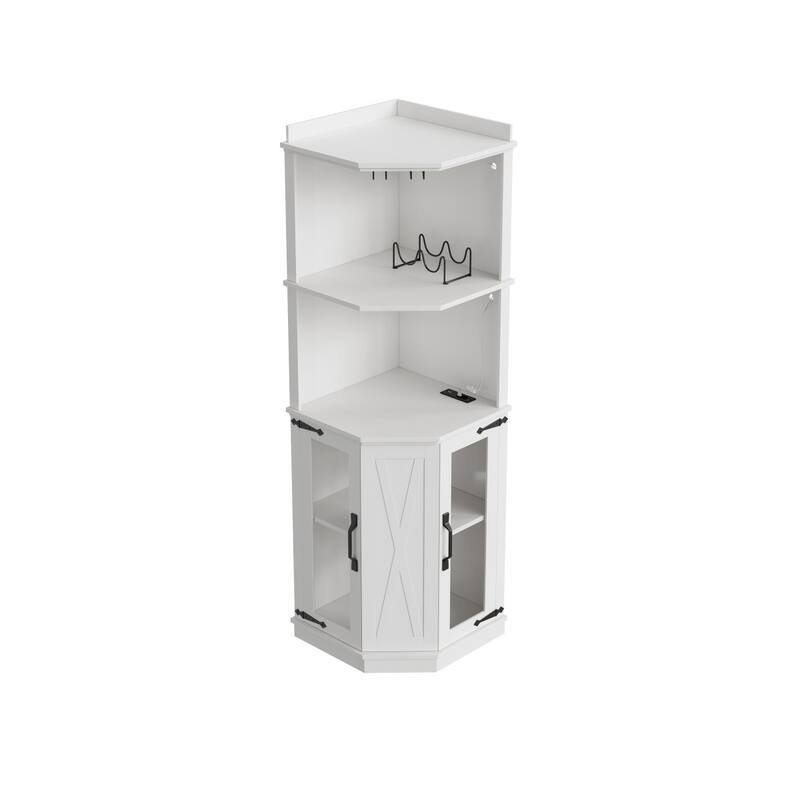 67.3" Farmhouse Bar Cabinet with Power Outlet, LED Strips and Glass Rack