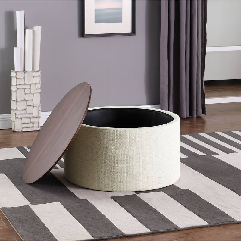 HomePop Round Storage Ottoman table with Wood Top