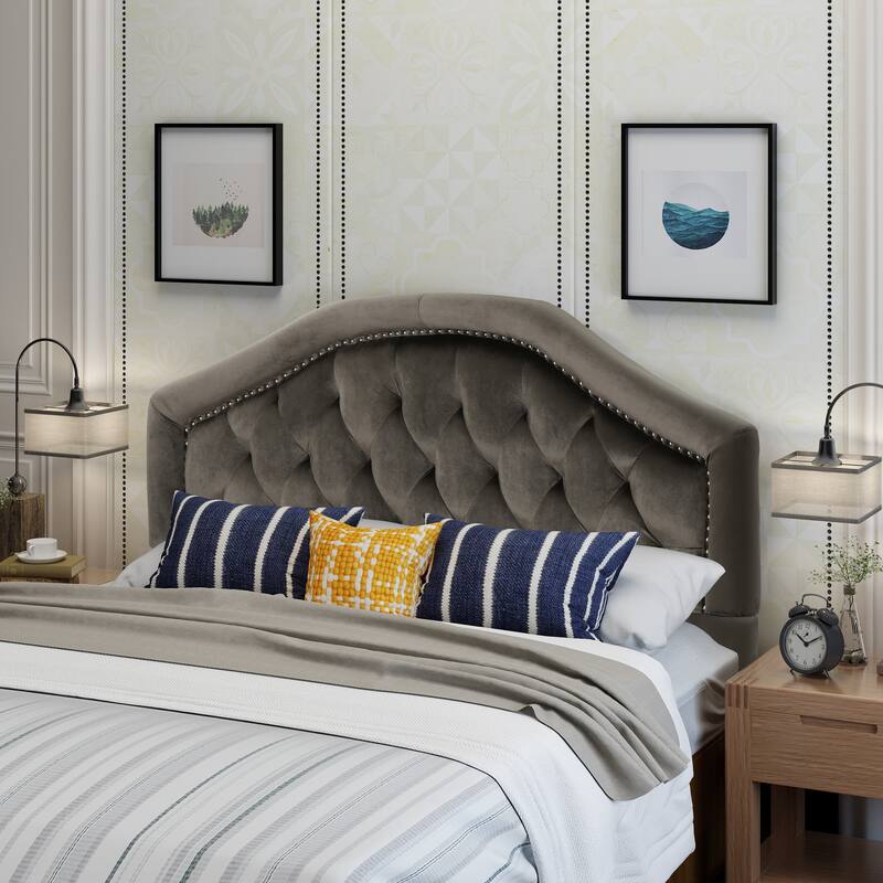 Roomfitters Adjustable Fabric Headboard for Queen and Full Size Bed with Nailhead Trim - Grey