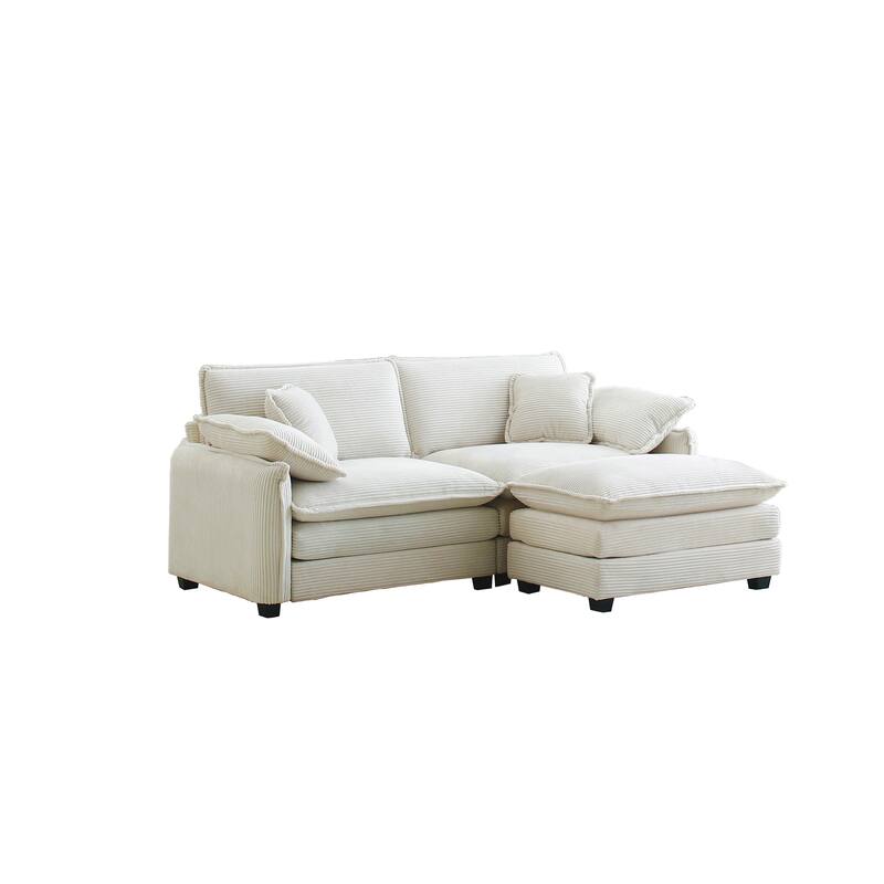 Beige 3-Piece Corduroy L-Shaped Modular Sectional Sofa, Removable Ottoman & 4 Pillows