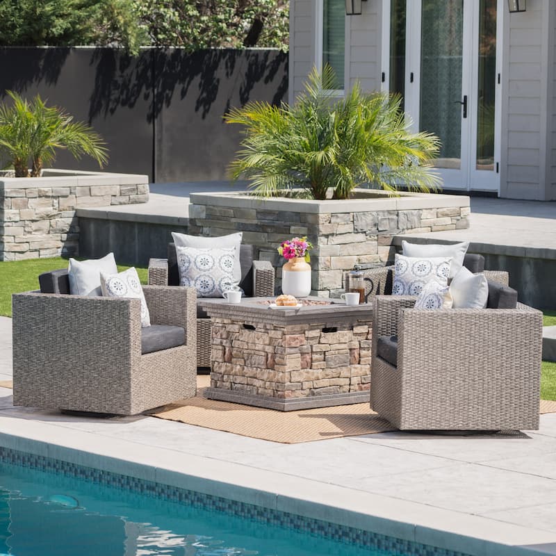 Puerta Outdoor 5-piece Wicker Chair and Square Stone Firepit Set by Christopher Knight Home - Mixed Black+Grey