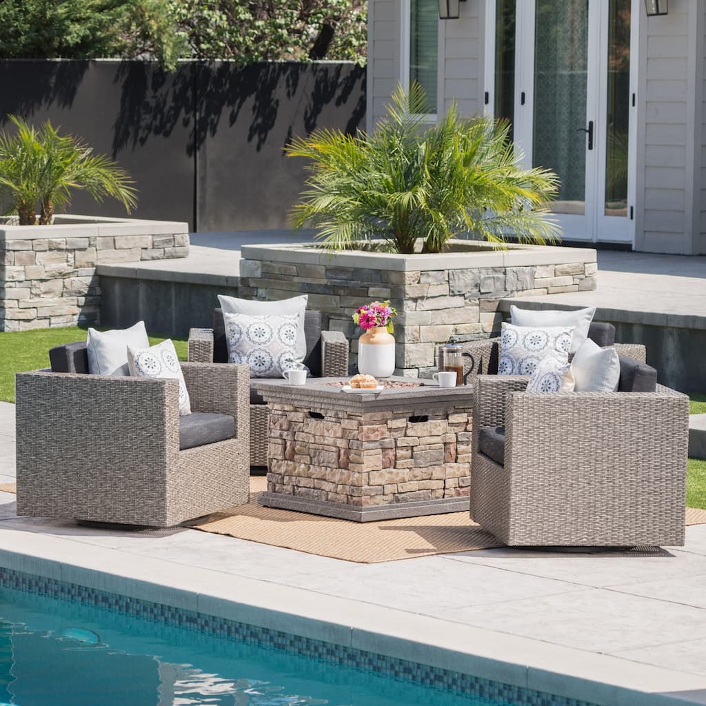 Puerta Outdoor 5-piece Wicker Chair and Square Stone Firepit Set by Christopher Knight Home